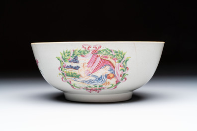 A rare Chinese famille rose 'Satyr Watching a Sleeping Venus' punch bowl, Qianlong