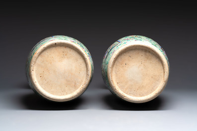 A pair of large Chinese famille rose celadon-ground 'Romance of the Three Kingdoms' vases, 19th C.