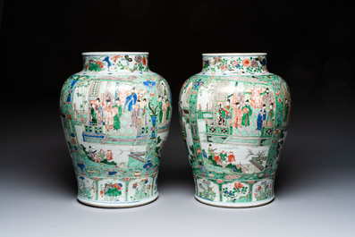 A pair of large Chinese famille verte 'Birthday Celebration of Guo Ziyi 郭子儀祝壽' baluster vases, Kangxi