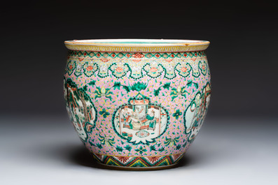 A Chinese famille verte pink-ground scroll pot with narrative design, 19th C.