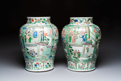 A pair of large Chinese famille verte 'Birthday Celebration of Guo Ziyi 郭子儀祝壽' baluster vases, Kangxi