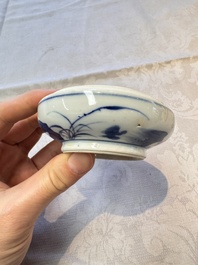 A Chinese blue and white vase, a pair of miniature vases, a covered teapot and a covered box, Kangxi and artemisia leaf mark, Kangxi