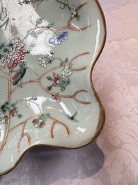 Three Chinese famille rose celadon-ground leaf-form tazzas, Tongzhi and Guangxu marks, 19th C.