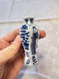 A Chinese blue and white vase, a pair of miniature vases, a covered teapot and a covered box, Kangxi and artemisia leaf mark, Kangxi