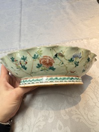 Three Chinese famille rose celadon-ground leaf-form tazzas, Tongzhi and Guangxu marks, 19th C.