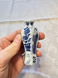 A Chinese blue and white vase, a pair of miniature vases, a covered teapot and a covered box, Kangxi and artemisia leaf mark, Kangxi
