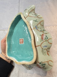 Three Chinese famille rose celadon-ground leaf-form tazzas, Tongzhi and Guangxu marks, 19th C.