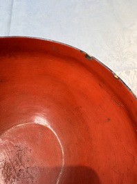 An unusual Chinese laque burgaut&eacute; 'Double Bowl' box depicting scenes from Xi Xiang Ji, Kangxi