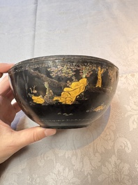 An unusual Chinese laque burgaut&eacute; 'Double Bowl' box depicting scenes from Xi Xiang Ji, Kangxi