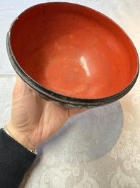 An unusual Chinese laque burgaut&eacute; 'Double Bowl' box depicting scenes from Xi Xiang Ji, Kangxi