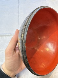 An unusual Chinese laque burgaut&eacute; 'Double Bowl' box depicting scenes from Xi Xiang Ji, Kangxi