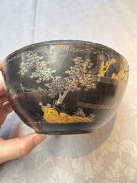 An unusual Chinese laque burgaut&eacute; 'Double Bowl' box depicting scenes from Xi Xiang Ji, Kangxi
