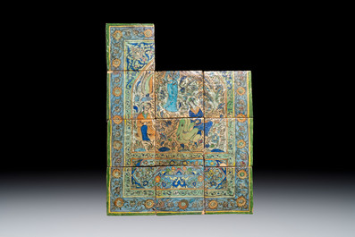 Three large polychrome Persian tile murals with narrative design, Qajar, 19th C.