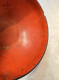 An unusual Chinese laque burgaut&eacute; 'Double Bowl' box depicting scenes from Xi Xiang Ji, Kangxi