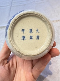 A Chinese blue and white vase, a pair of miniature vases, a covered teapot and a covered box, Kangxi and artemisia leaf mark, Kangxi
