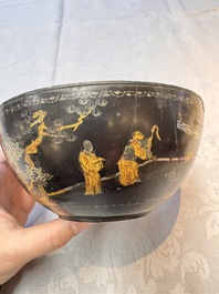 An unusual Chinese laque burgaut&eacute; 'Double Bowl' box depicting scenes from Xi Xiang Ji, Kangxi