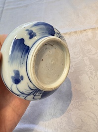 A Chinese blue and white vase, a pair of miniature vases, a covered teapot and a covered box, Kangxi and artemisia leaf mark, Kangxi