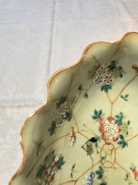 Three Chinese famille rose celadon-ground leaf-form tazzas, Tongzhi and Guangxu marks, 19th C.
