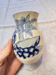 A Chinese blue and white vase, a pair of miniature vases, a covered teapot and a covered box, Kangxi and artemisia leaf mark, Kangxi
