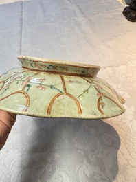 Three Chinese famille rose celadon-ground leaf-form tazzas, Tongzhi and Guangxu marks, 19th C.