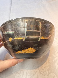 An unusual Chinese laque burgaut&eacute; 'Double Bowl' box depicting scenes from Xi Xiang Ji, Kangxi