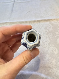 A Chinese blue and white vase, a pair of miniature vases, a covered teapot and a covered box, Kangxi and artemisia leaf mark, Kangxi