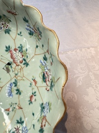 Three Chinese famille rose celadon-ground leaf-form tazzas, Tongzhi and Guangxu marks, 19th C.