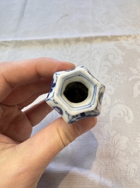 A Chinese blue and white vase, a pair of miniature vases, a covered teapot and a covered box, Kangxi and artemisia leaf mark, Kangxi