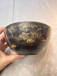 An unusual Chinese laque burgaut&eacute; 'Double Bowl' box depicting scenes from Xi Xiang Ji, Kangxi
