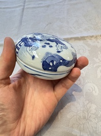 A Chinese blue and white vase, a pair of miniature vases, a covered teapot and a covered box, Kangxi and artemisia leaf mark, Kangxi