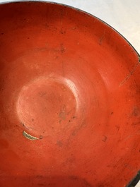 An unusual Chinese laque burgaut&eacute; 'Double Bowl' box depicting scenes from Xi Xiang Ji, Kangxi
