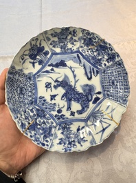 Two Chinese blue and white bowls and a 'Qilin' plate, Wanli/Transitional period