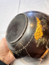 An unusual Chinese laque burgaut&eacute; 'Double Bowl' box depicting scenes from Xi Xiang Ji, Kangxi