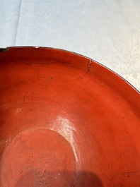 An unusual Chinese laque burgaut&eacute; 'Double Bowl' box depicting scenes from Xi Xiang Ji, Kangxi
