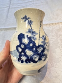 A Chinese blue and white vase, a pair of miniature vases, a covered teapot and a covered box, Kangxi and artemisia leaf mark, Kangxi
