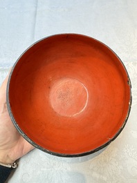 An unusual Chinese laque burgaut&eacute; 'Double Bowl' box depicting scenes from Xi Xiang Ji, Kangxi