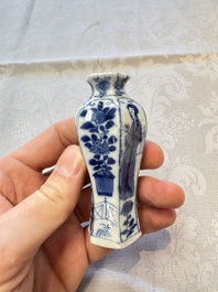 A Chinese blue and white vase, a pair of miniature vases, a covered teapot and a covered box, Kangxi and artemisia leaf mark, Kangxi