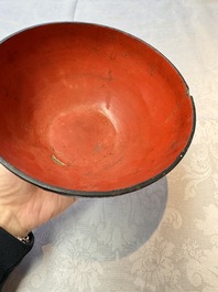 An unusual Chinese laque burgaut&eacute; 'Double Bowl' box depicting scenes from Xi Xiang Ji, Kangxi