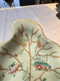 Three Chinese famille rose celadon-ground leaf-form tazzas, Tongzhi and Guangxu marks, 19th C.
