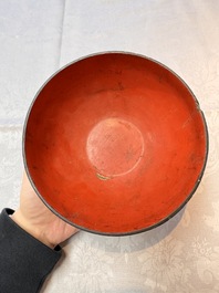 An unusual Chinese laque burgaut&eacute; 'Double Bowl' box depicting scenes from Xi Xiang Ji, Kangxi