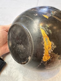An unusual Chinese laque burgaut&eacute; 'Double Bowl' box depicting scenes from Xi Xiang Ji, Kangxi