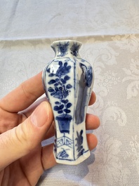 A Chinese blue and white vase, a pair of miniature vases, a covered teapot and a covered box, Kangxi and artemisia leaf mark, Kangxi