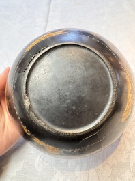 An unusual Chinese laque burgaut&eacute; 'Double Bowl' box depicting scenes from Xi Xiang Ji, Kangxi