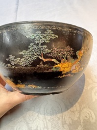 An unusual Chinese laque burgaut&eacute; 'Double Bowl' box depicting scenes from Xi Xiang Ji, Kangxi