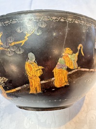 An unusual Chinese laque burgaut&eacute; 'Double Bowl' box depicting scenes from Xi Xiang Ji, Kangxi
