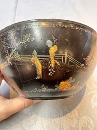 An unusual Chinese laque burgaut&eacute; 'Double Bowl' box depicting scenes from Xi Xiang Ji, Kangxi