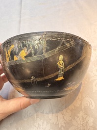 An unusual Chinese laque burgaut&eacute; 'Double Bowl' box depicting scenes from Xi Xiang Ji, Kangxi