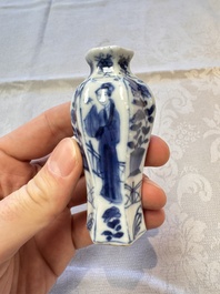 A Chinese blue and white vase, a pair of miniature vases, a covered teapot and a covered box, Kangxi and artemisia leaf mark, Kangxi