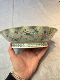 Three Chinese famille rose celadon-ground leaf-form tazzas, Tongzhi and Guangxu marks, 19th C.
