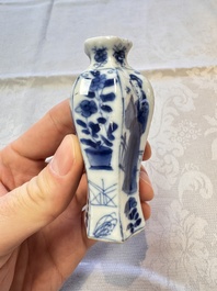 A Chinese blue and white vase, a pair of miniature vases, a covered teapot and a covered box, Kangxi and artemisia leaf mark, Kangxi